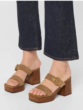 Tang'scuisins Brown Double Strap Open Toe Platform Mules Buckle Slip on Sandals